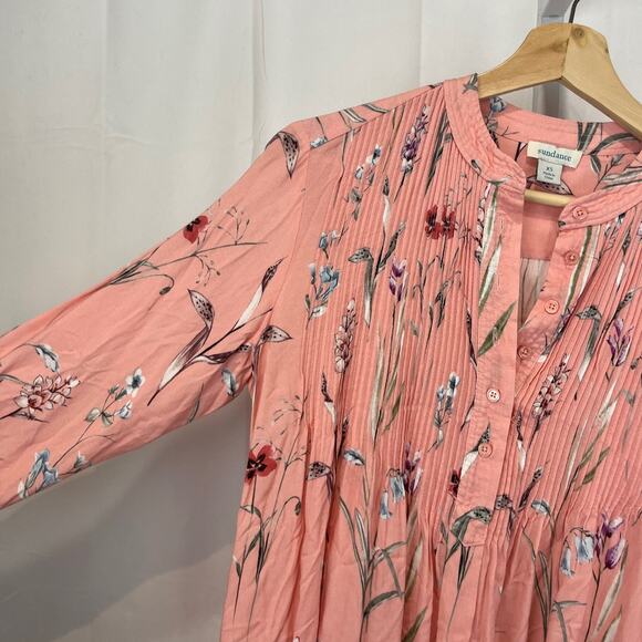 SUNDANCE Mystic Days Pintuck Pleat Popover Tunic Top Floral Rayon Pink Size XS - Picture 2 of 8